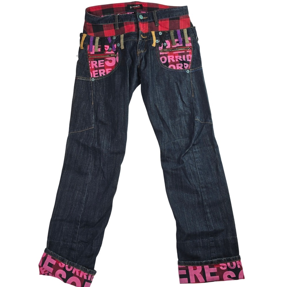 Sorridere Mens Dark Wash Plaid Graphic Denim Jeans Straight Leg Streetwear 32x31